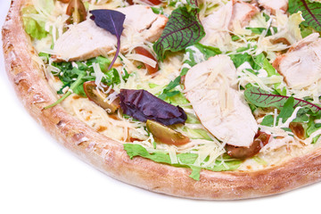 Chicken Pizza with basil isolated on white background