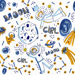 Hand drawn seamless pattern with cute astronaut girls, planets and cat.