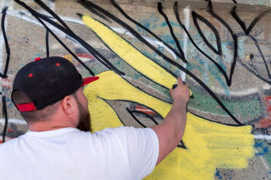 Graffiti artist painting with aerosol spray bottle