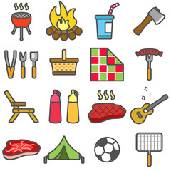 Picnic and barbecue set color icons in flat style.Vector illustration.
