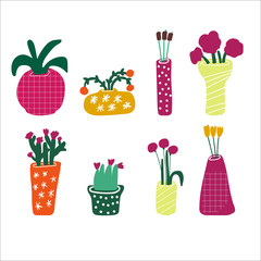 Vector set of flower pots, vases and bowls. Hand drawn illustration. 