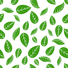 Floral leaf silhouette seamless pattern. Green simple leaves on white background texture for for print, paper, design, fabric, decor, wrap, wallpaper, ads. Vector illustration