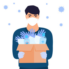 COVID-19. Humanitarian aid. Supply of medical protective masks, gloves and disinfectants. Coronavirus epidemic. Delivery man is delivering parcel