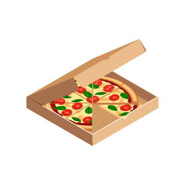 Tasty slices of pizza with tomato, cheese, basil isometric in opened carton box isolated on white. Flat traditional italian fast food icon. 3d vector illustration for web, advert, menu, app
