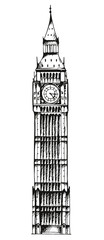 Big Ben illustration isolated on white background, Elizabeth Tower in London hand drawn vector sketch