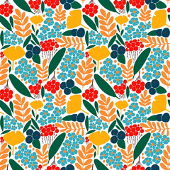 Hand drawn seamless pattern with flowers, branches, leaves and berries. 