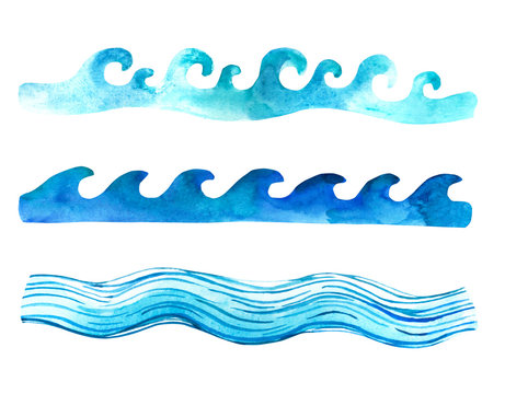 Watercolor hand painted blue wave splashes . Watercolor sea wave collection.