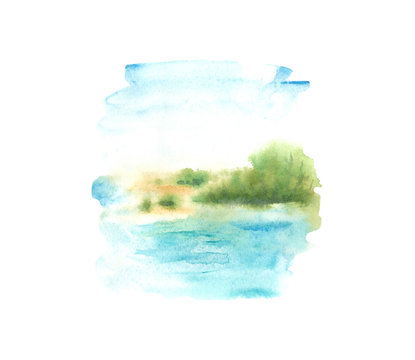 Watercolor hand painted sea landscapes. Watercolor beach, paradise, lagoon.