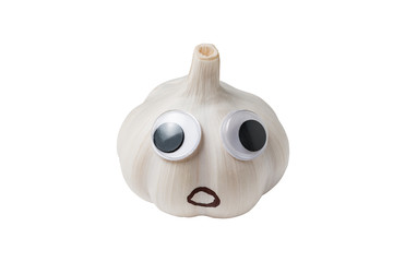Garlic character with Googly eyes isolated on white background. Products with funny faces