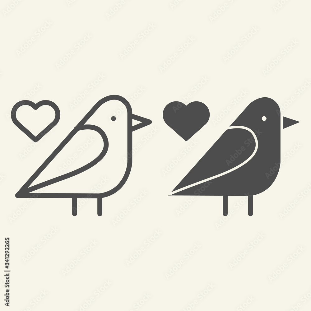 Poster sparrow bird line and solid icon. small finchlike bird with heart symbol outline style pictogram on 