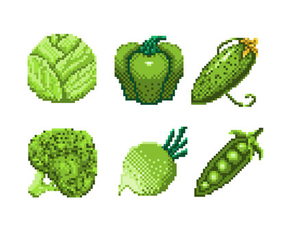 Set Of Pixel Art Green Vegetables Icon. 32x32 Pixels. Vector Illustration