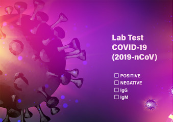 Lab test check list on covid-19. Computer model of Coronavirus in futuristic red rays over dark background and dna molecule. 3d model of virus 19-nCov. Coronavirus medical illustration.