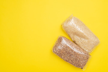 Grocery set in the days of isolation on a yellow background.