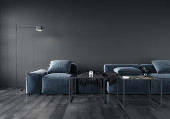 Living room interior with soft minimalist blue sofa