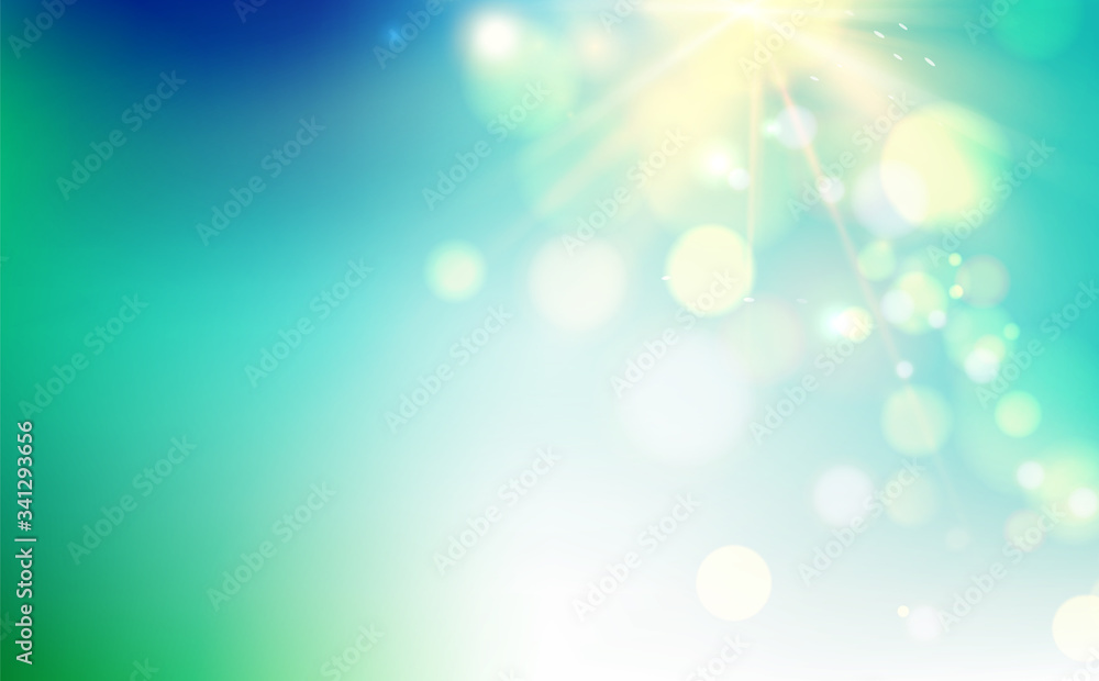 Poster abstract rays with bokeh over blue sky. glitter defocused lights. sparkle bokeh background. vector i