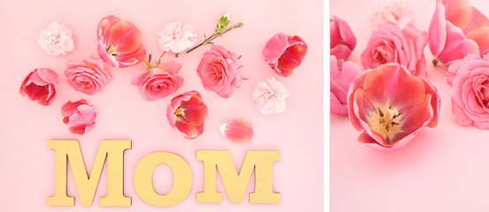 collage of blooming spring flowers and mom lettering on pink background