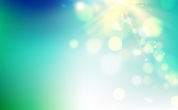 Abstract rays with bokeh over blue sky. Glitter defocused lights. Sparkle bokeh background. Vector illustration.