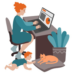 Fototapeta na wymiar Caucasian mom working from home. A young woman sitting at a desk with a laptop. A baby crawling on the floor, approaching a cat. Isolated on a white background.
