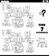 differences task with cartoon cats coloring book page