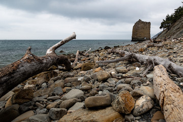 Fototapeta premium Stones beach at the sea in dark day