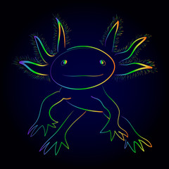 Isolated vector illustration of stylized rainbow axolotl. Mexican walking fish. Neotenic fire salamander. Handdrawn style