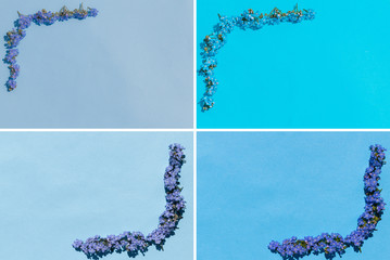 Collection of corner frames with forget-me-not flowers in different shades of blue