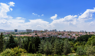 Fototapeta na wymiar Ankara, Turkey - July 24, 2018: View above of Ankara houses with tiled roofs and skyscrapers