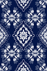 White ornament on blue seamless pattern. Vintage, paisley elements. Ornamental traditional, ethnic, turkish. Great for fabric and textile, wallpaper, packaging or any idea