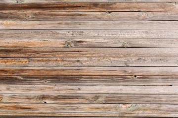 Horizontal closeup of old wooden plank wall, brown wooden background, fence or floor panels