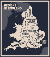 Fototapeta na wymiar Map England. Poster map of regions of England. Black and white print map of England for t-shirt, poster, print. Hand-drawn graphic map with regions. Vector Illustration