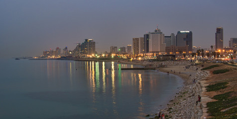 Tel Aviv city coastline at night, Israel.