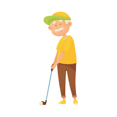 Senior Grey-haired Man with Mustache Playing Golf Vector Illustration