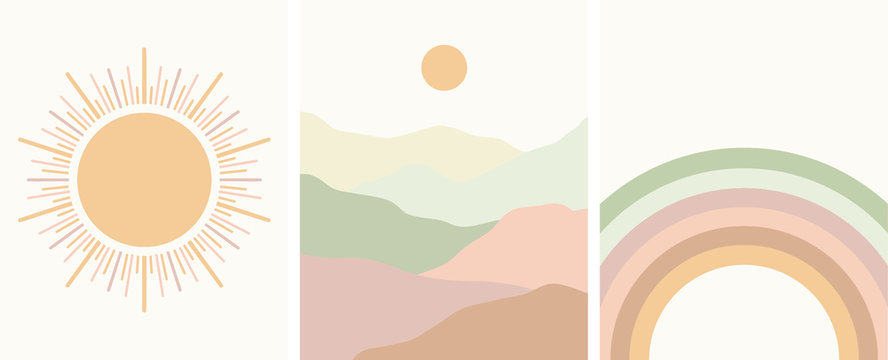 neutral colors abstract art set, rainbow, sun, minimal landscape, mountains, vector illustration