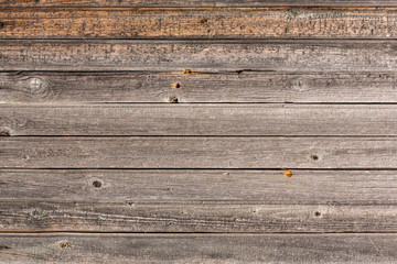 Horizontal closeup of old wooden plank wall, brown wooden background, fence or floor panels