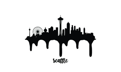 Seattle USA black skyline silhouette vector illustration on white background with dripping ink effect.