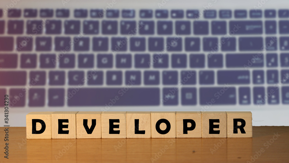 Poster developer message word on a wooden desk on cube blocks with a green nature background.