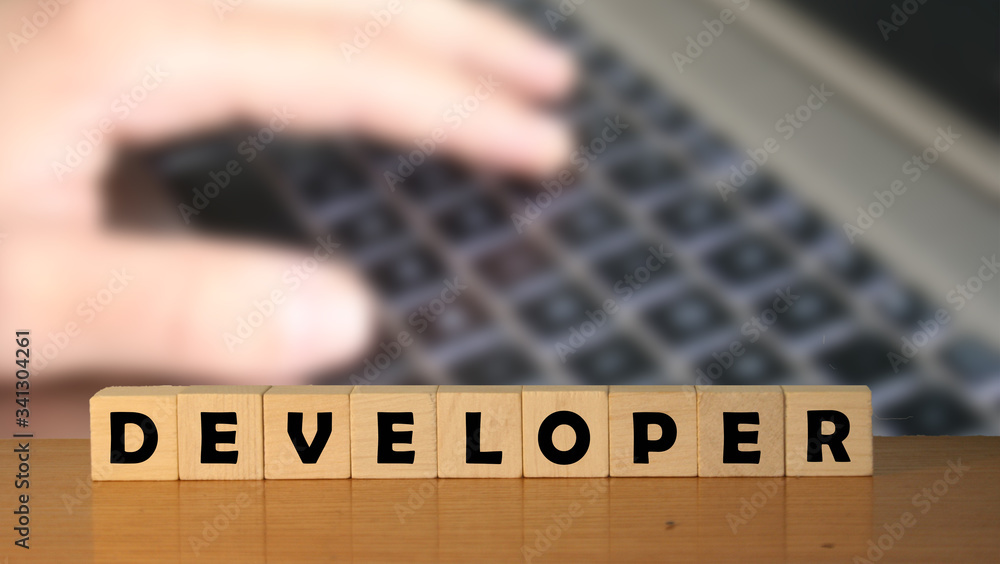 Poster developer message word on a wooden desk on cube blocks with a green nature background.