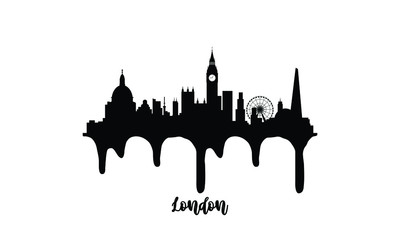 Obraz premium London England black skyline silhouette vector illustration on white background with dripping ink effect.