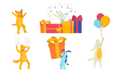 Set of happy dogs celebrating holiday and having party vector illustration