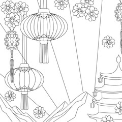 Chinese New Year. Lanterns with simple decor, cherry flowers, pagoda, mountains, sky. Good for coloring book pages. 