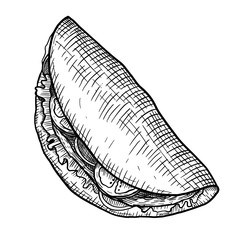Hand drawn sketch style taco. Traditional mexican fast food illustration. Vector illustration isolated on white.
