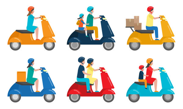 Set of various people on two-wheeled scooters serving for movement and delivery. Vector illustration in flat cartoon style