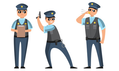 The police officer in black sunglasses standing in different poses with protocol, whistle, and gun. Vector illustration in flat style