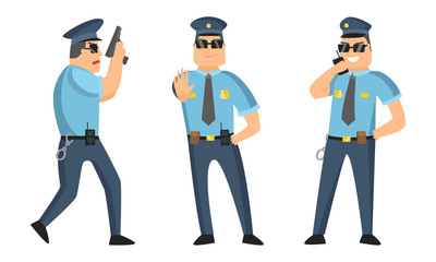 The police officer in black sunglasses standing in different poses with gun and walkie-talkie. Vector illustration in cartoon style