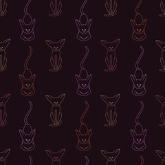Fototapeta na wymiar Pink and purple sitting cats' silhouettes on black background: feline seamless pattern, wallpaper and wrapping texture design, textile print. Vector graphics.