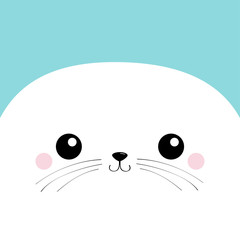 White Sea lion head face square icon. Harp seal pup. Pet baby print for notebook cover, greeting card. Cute cartoon kawaii funny character. Happy Valentines Day. Flat design. Blue background.
