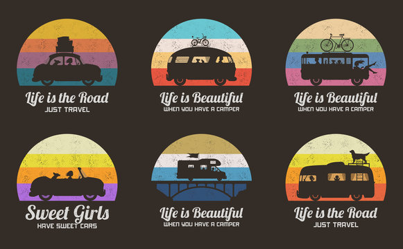 Cars on road. Set of retro illustrations with silhouettes of people in road trip. Family camping trip. Vector backgrounds for prints, t-shirts