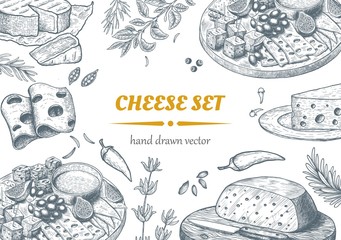 Set of cheese top view frame. Vector illustration. Engraved illustration.