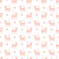 Pink cat's silhouettes on white background: tender  seamless pattern, wallpaper and wrapping texture design, textile print. Vector graphics.