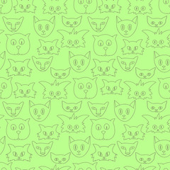 Funny cat's faces on light-green background: seamless pattern, wallpaper and wrapping texture design, textile print. Vector graphics.